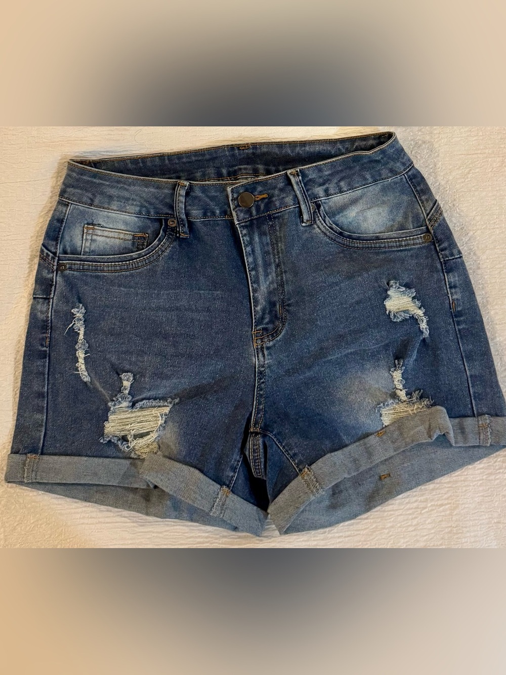 Distressed Denim Jean Shorts Raw Hem Faded Wash
